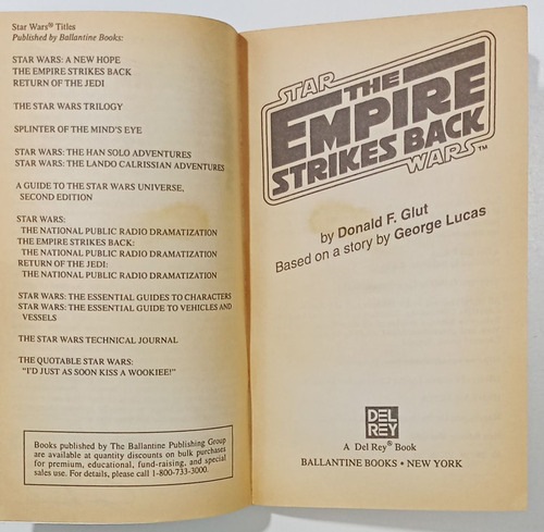 Star Wars Empire Strikes Back Donald Glut 1980 Del Rey Libro (Usado)