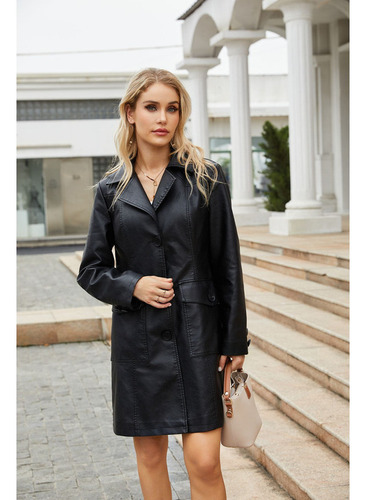 Chaqueta Larga Cuero Para Mujer Cuero Pu Cortavientos Abrigo