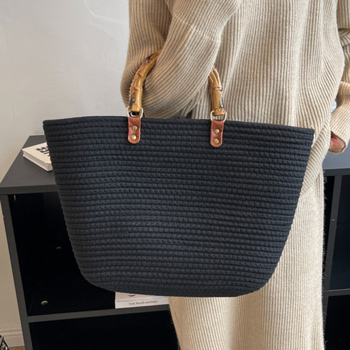 Bolsos De Playa De Moda Con Mango De Bambú, Algodón Tejido A