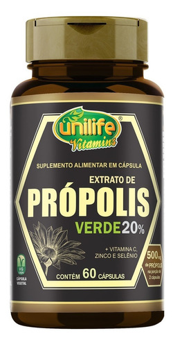 Suplemento en cápsulas encapsuladas Unilife con extracto de propóleo verde, minerales y vitaminas, en un bote de 200 ml y 60 ml