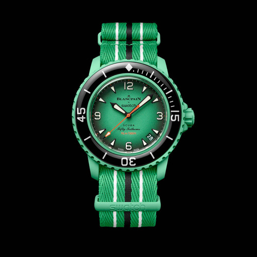 Reloj Swatch X Blancpain Océano Indico Edicion Especial Correa Verde Bisel Negro Fondo Verde