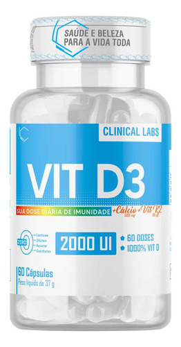 Vitamina D3 2000ui Vit D + K2 Mk7 + Cálcio - 60 Cápsulas