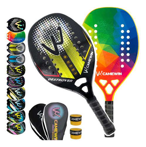 Kit 2 Raquetes Beach Tennis Camewin 100% Fibra De Carbono 3k Cor Rainbow / Destyellow