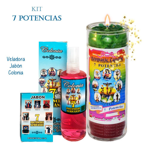 Veladora 7 Potencias - Fortuna, Protección, Suerte Kit 3 Pza