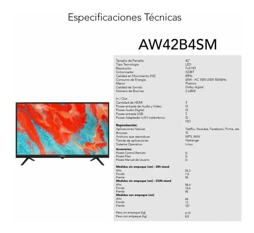 Imagen 5 de 7 de Tv Smart Aiwa Led De 42 Pulgadas. Aw42b4sm
