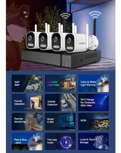 Kit Camaras Wifi 4ch Full Color 5mp + Audio+ Alarma Longse