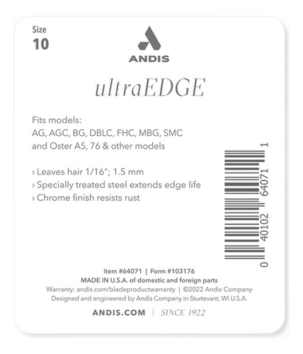 Cuchilla De Repuesto Andis Acero Inoxidable 10 Ultra Edge