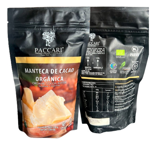 Manteca Cacao Sin Azucar Libre Gluten Paccari 200 Gramos