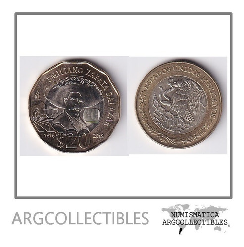 Mexico Moneda 20 Pesos 2019 Bimetalica Emiliano Zapata Unc