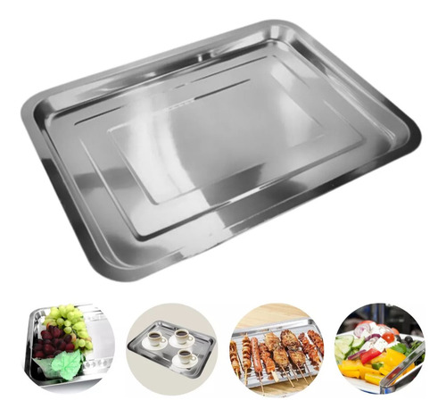 Kit 3 Bandejas Aço Inox Retangular Rasa Multi Uso 40 X 30 Cm