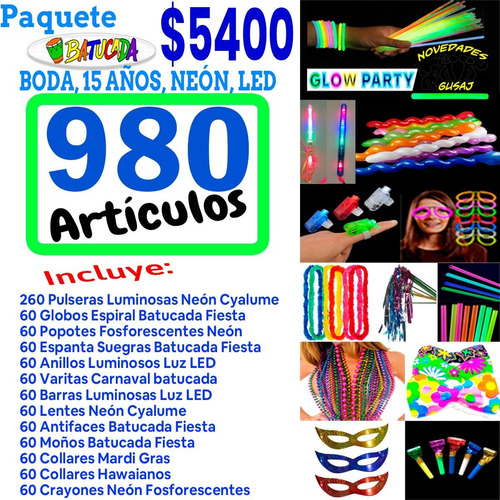 Paquete Batucada Boda Xv Años Fiesta Neon Party Led 980 Art.