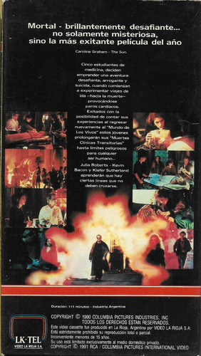 Linea Mortal Vhs Kiefer Sutherland Julia Roberts Kevin Bacon (Usado)