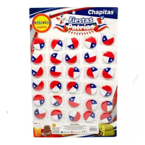 Pack X30 Chapitas Chile Fiestas Patrias Celebración 3.8 Cm