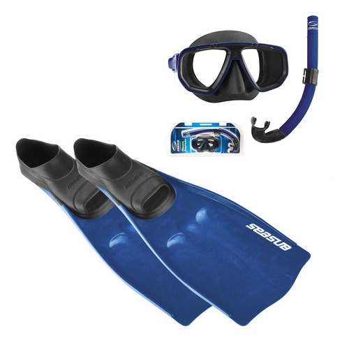 Kit Mergulho Completo Máscara Snorkel Nadadeira Pé De Pato Seasub - Vidros Temperados Intercambiáveis Cor Azul | 35/37