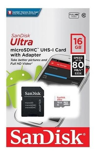 Memoria Micro Sd Sandisk 16 Gb Clase 10 Original