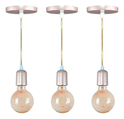 Kit 3 Pendentes Fio Cabo Vintage Retro Industrial E27 Cor Rose gold 110V/220V