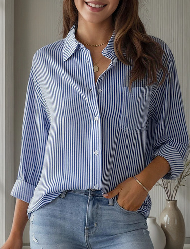 Camisa De Manga Larga Informal Holgada Con Top A Rayas Mujer