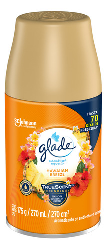 Aromatizante Automático en Aerosol Glade, Frescura Programable para tu Hogar durante Hasta 70 Días, Aroma Hawaiian Breeze, Repuesto de 270 ml