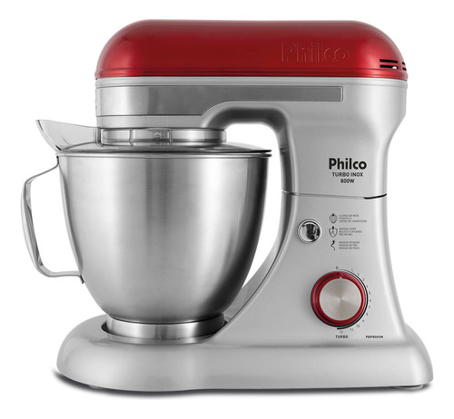 Batedeira Planetária Philco Pbp800vm Turbo Inox 800w Cor Prateado/Vermelho 127V