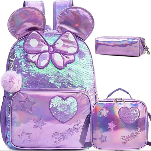 Conjunto De Mochila Con Ruedas Para Niñas 3 En 1 Con Sweet Lila Orejas Con Moño Y Corazon