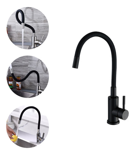 Llave Lavaplatos Monomando Cuello Flexible Negro Giratorio