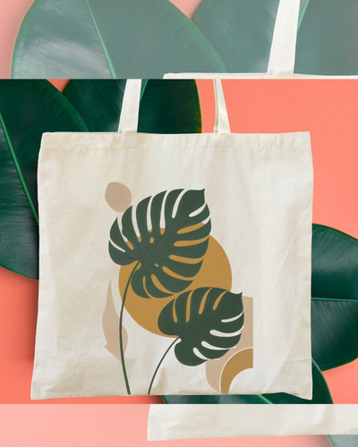 Bolso De Tela P/compras Estampado Hoja Tropical 40x50cm Beige Hoja Tropical