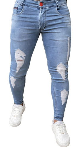 Calça Jeans Clara Com Destroyed Devorê Skinny Masculina