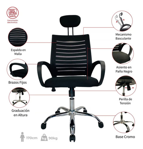 Silla De Escritorio Con Cabecera Y Apoya Brazos Negra