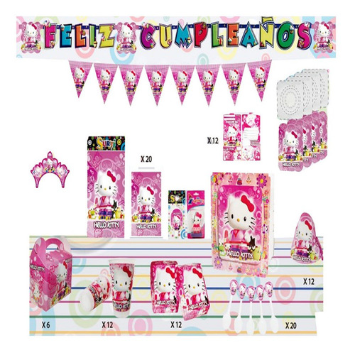 Set Kit Decoración Fiesta Hello Kitty 36 Invitados + Regalo