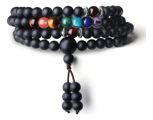 Coai 108 Japa Mala 7 Chakra Onyx Stone Wrap Pulsera Collar