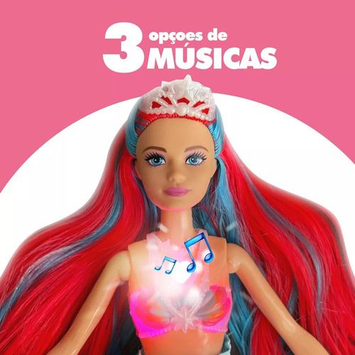 Boneca Sereia Musical Com Luzes Acessórios Colorida