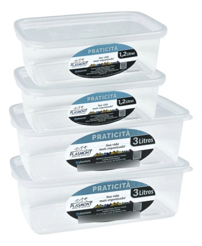 Kit 4 Potes Transparente 1,2 L E 3,0 L Presidio Retangular