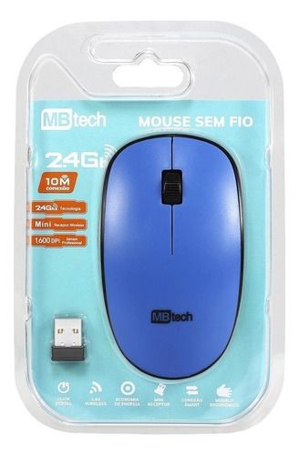 Mouse Slim, Sem Fio, Usb1600dpis, Mac, Windows, Azul, Mbtech Cor Azul