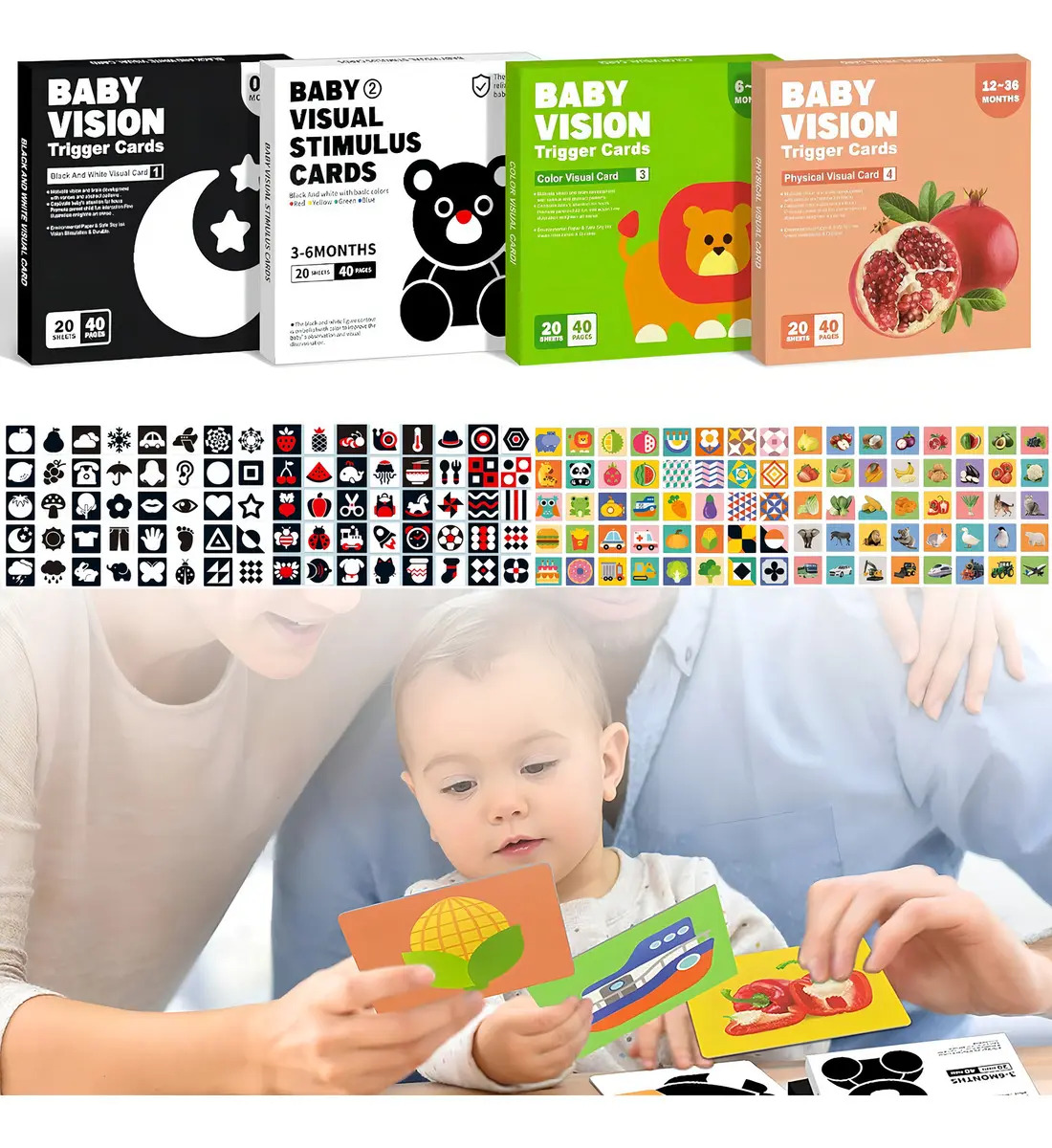 Tarjetas Estimulación Visual Montessori Bebé 0-36 Meses 80 Piezas Alto Contraste