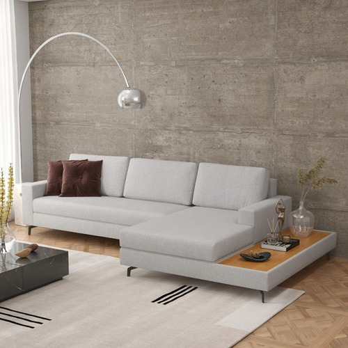 Sofá Luxo 292cm Linho Cinza Loft Chaise/deck Direita
