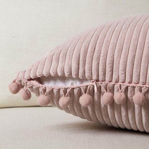 2Pcs Funda de Cojins De Terciopelo De Pana, Con Funda De Almohada De Estilo Bohemio Súper Suave Pom-poms 45x45cm, Color Rosa