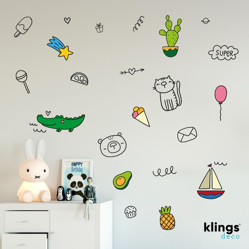 Vinilo Decorativo Infantil Doodle Dibujos Comida Animales