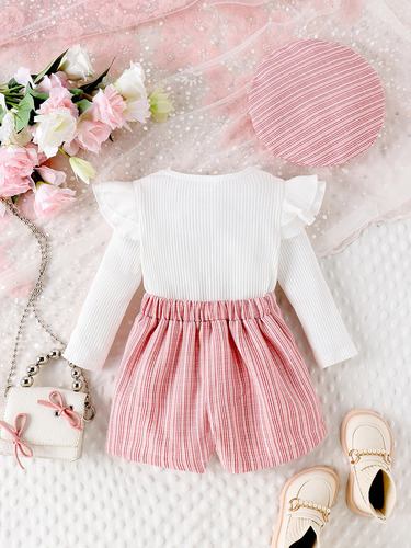 Conjunto Infantil Menina Com Boina Outono Rosa