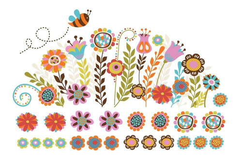 Vinilo Decorativo Floral-i 02. Calcomanía Flores Y Abejas. Color Multicolor