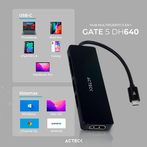 Acteck Hub Usb C 3.2 Macho - 1x Hdmi, 1x Usb 2.0, 1x Usb 3.0