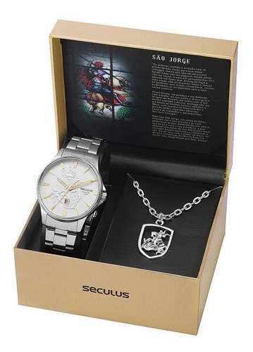 Relógio Masculino Seculus De São Jorge Dourado Analógico Casual Prova D'água Luxo +cordão Banhado A Ouro 18k Pingente Nf