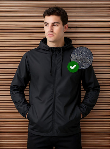 Jaqueta Corta Vento Masculina Impermeável Capuz Zíper Bolso