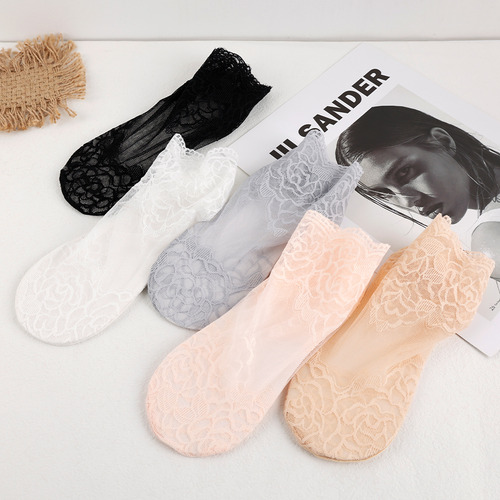 Calcetines De Encaje Con Estampado Floral Invisible, 5 Pares