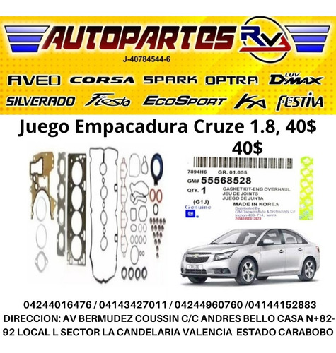 Kit Juego Empacaduras Chevrolet Cruze 1.8 Original