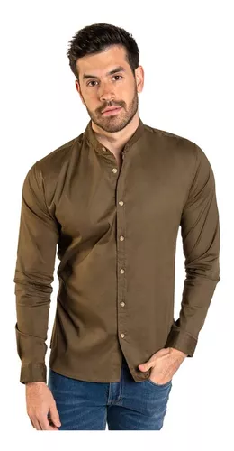 bandera Hacia atrás Dialecto Camisa Manga Larga Para Hombre Stretch Cuello Mao