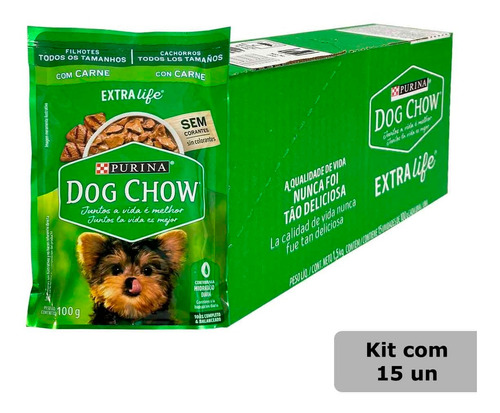 Kit 15 Sachê Dog Chow Cães Filhote Carne 100g Caixa
