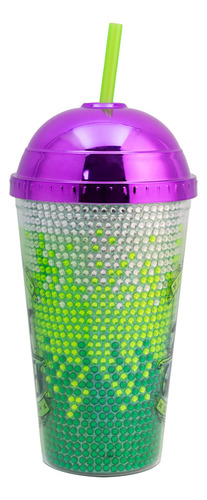 Vaso Doble Pared Tapa Domo Y Popote Brillos Wicked 500 Ml Color Verde