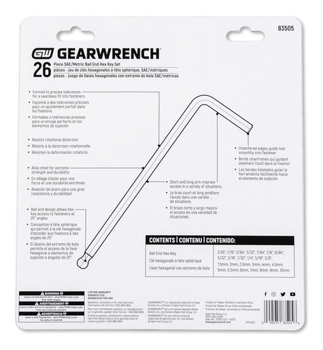 Gearwrench 26 Piezas Sae/metric Ball End Long Arm Hex Key...