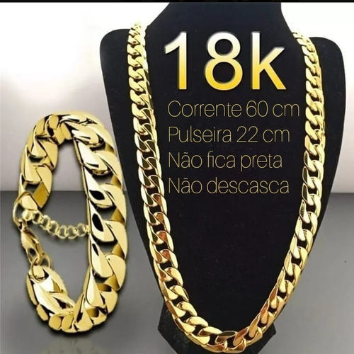 Corrente Cordão Grosso 12mm Banhado Ouro 18k + Pulseira