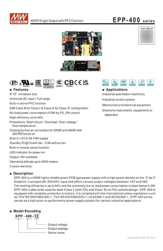 Fuente Conmutada Open Frame 400.8w 24v/16.7a Pf Cepp-400-24